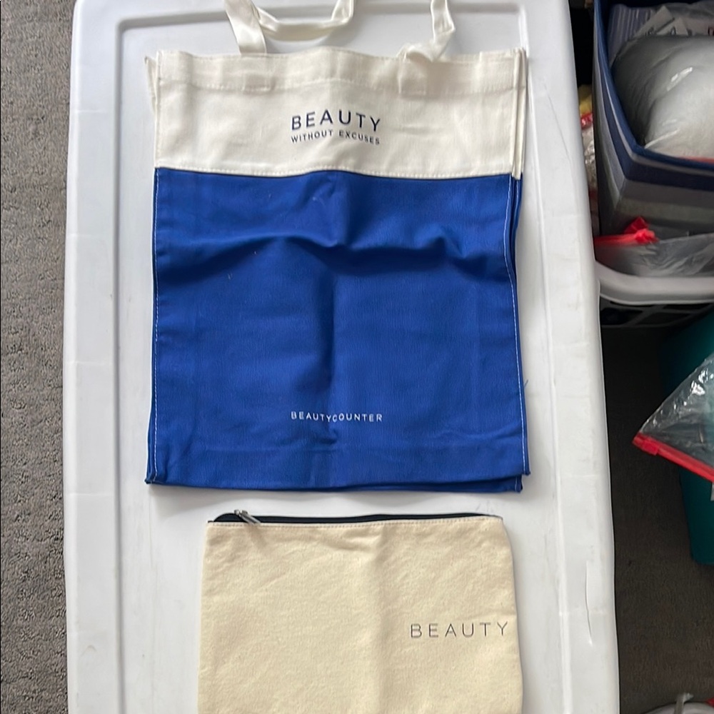 Beautycounter Blue and Cream Luxury Tote Collection